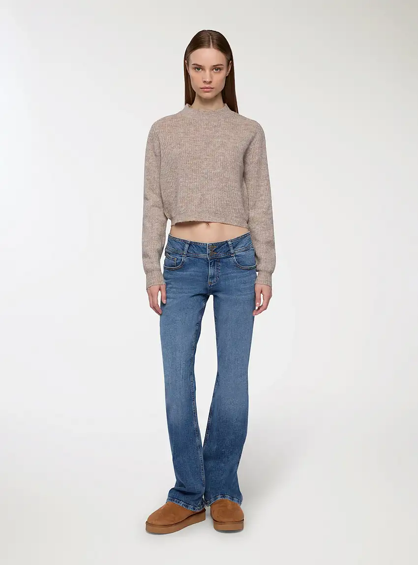 Maglia lupetto crop a coste Beige chiaro melange