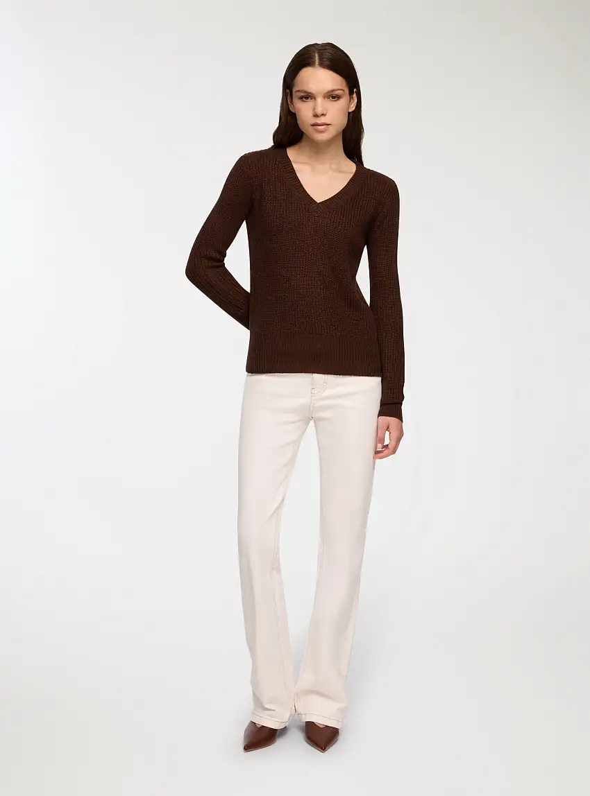 Maglia a costa inglese con scollo a v Marrone scuro