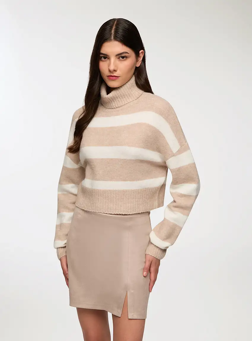 Maglia crop dolcevita a righe Var grigio perla