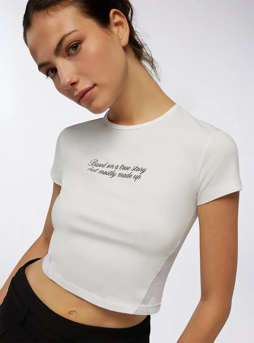 T-shirt con scritta e inserti in tulle Bianco ottico