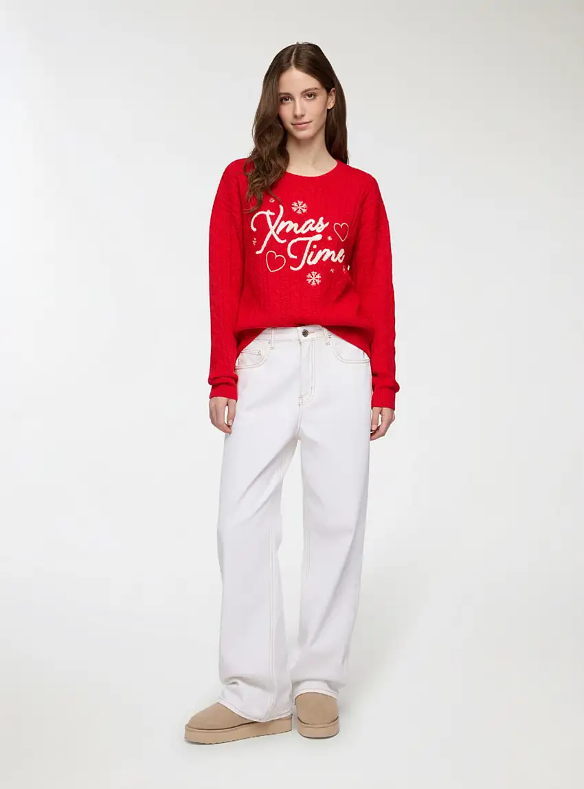 Maglione con scritta Xmas Time Rosso