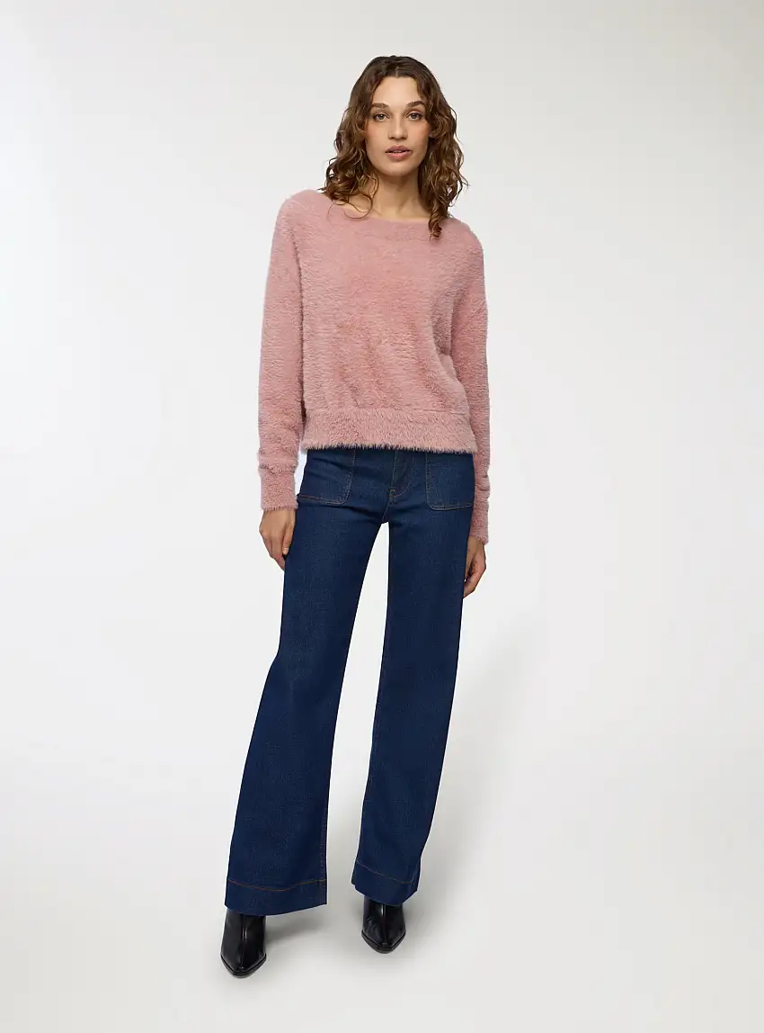 Maglia scollo a barca effetto pelo Rosa chiaro