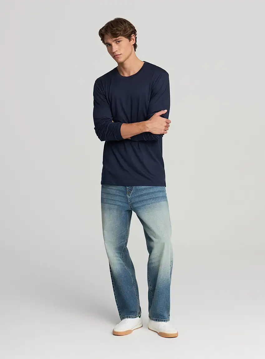 T-shirt manica lunga a tinta unita Blu navy