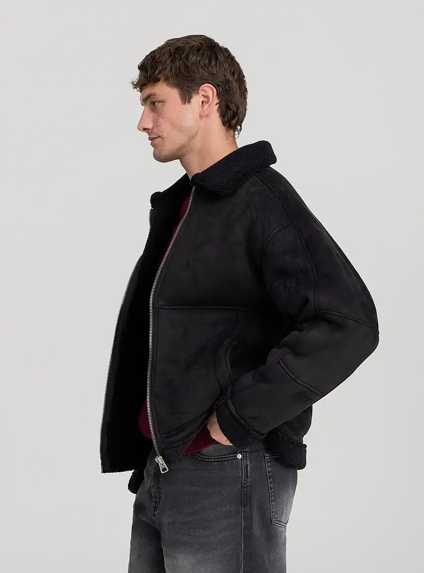 Giubbotto imbottito simil pelle scamosciata Nero