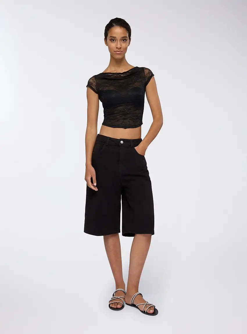 T-shirt scollo gronda in pizzo Nero