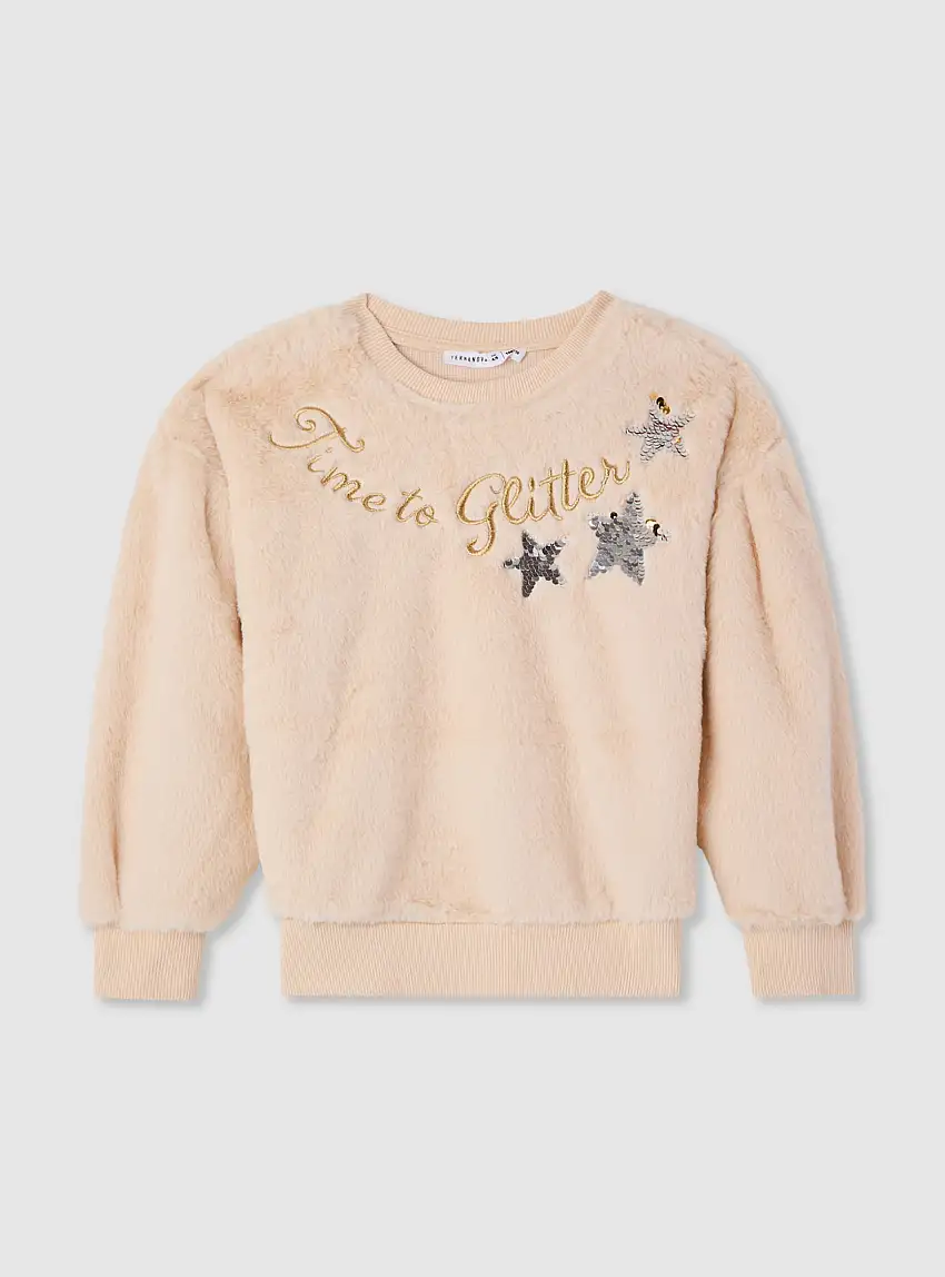 Felpa con paillettes e scritta Nude chiaro