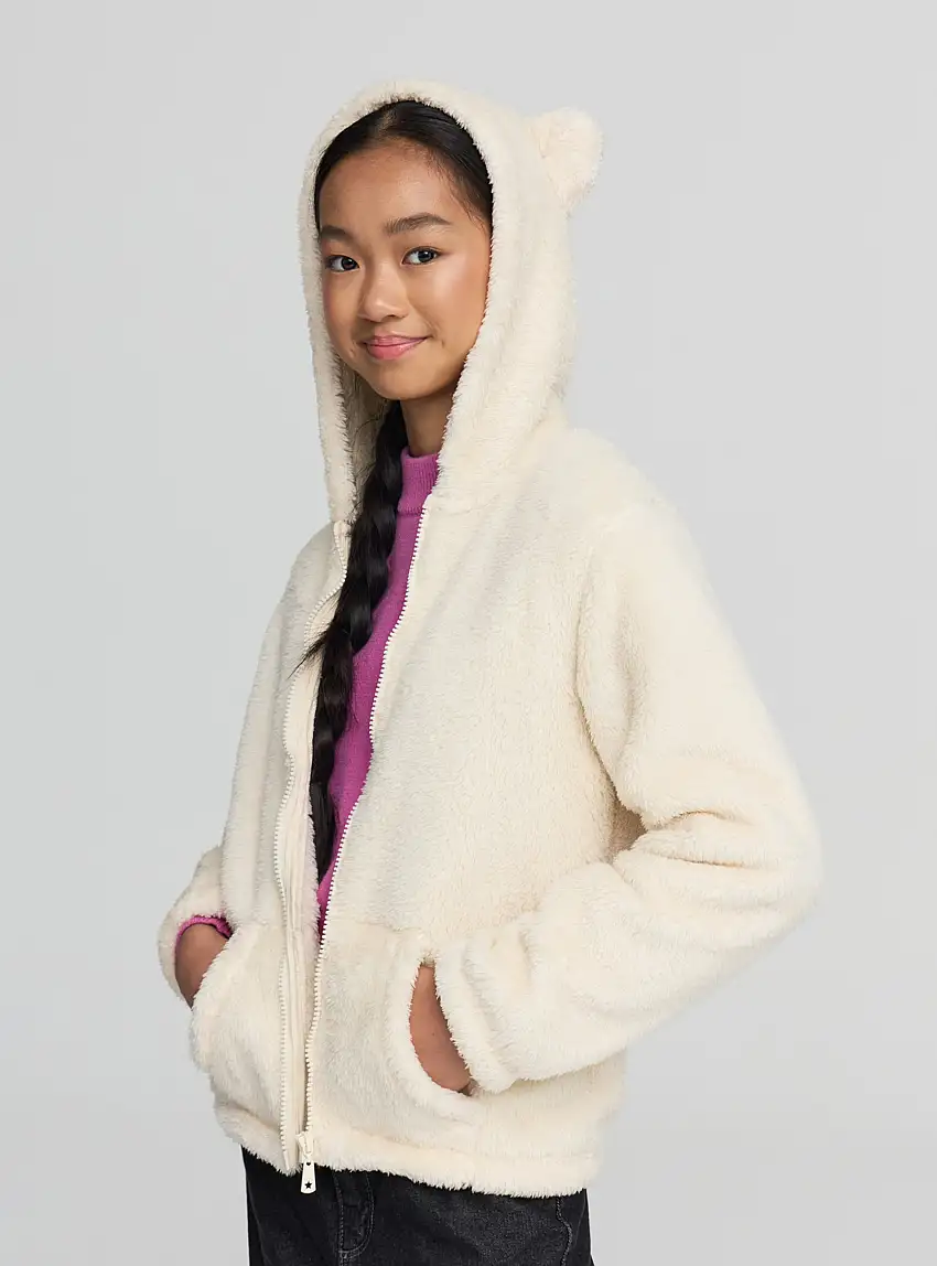 Felpa con cappuccio e zip in sherpa Avorio