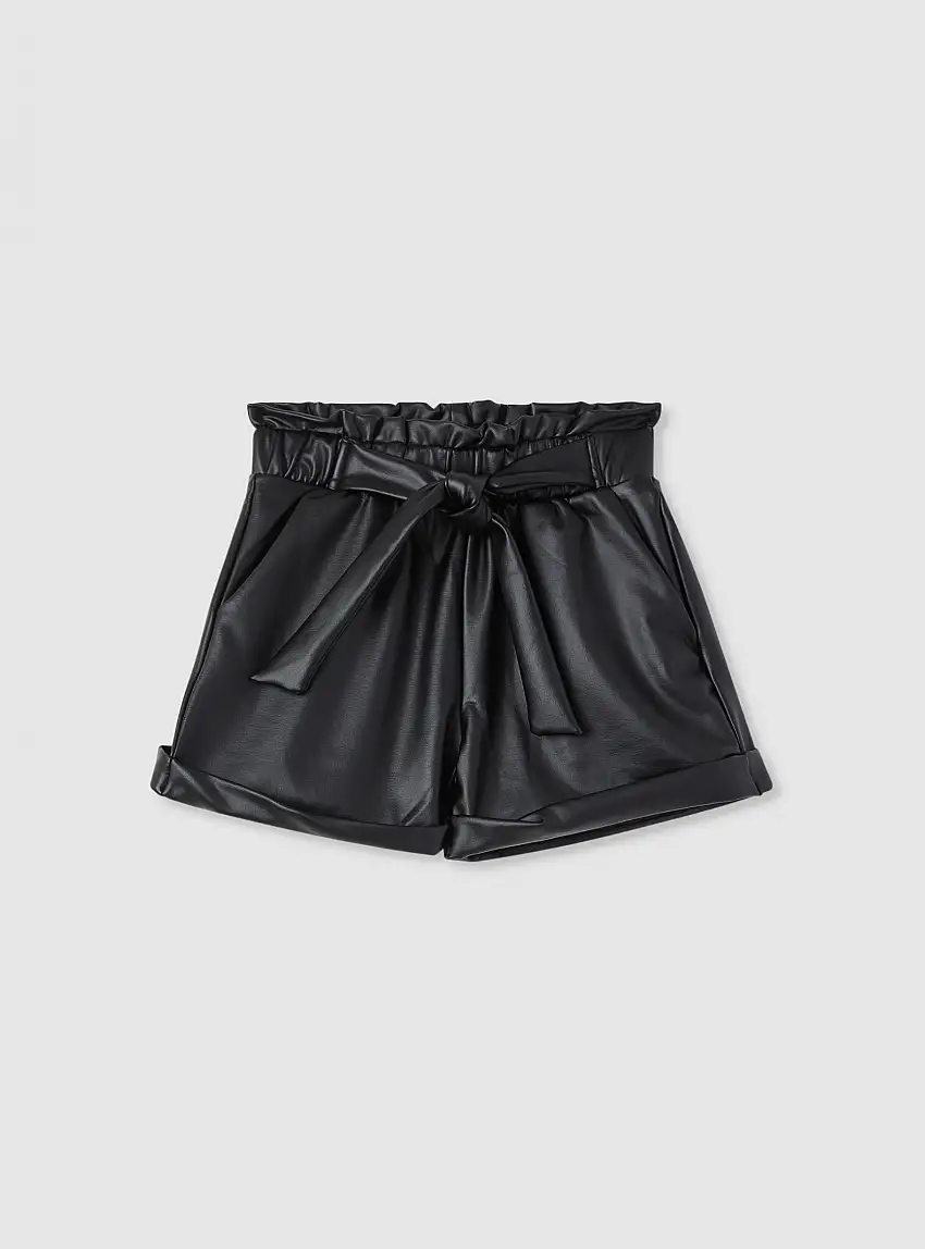 Shorts paperbag effetto pelle Nero