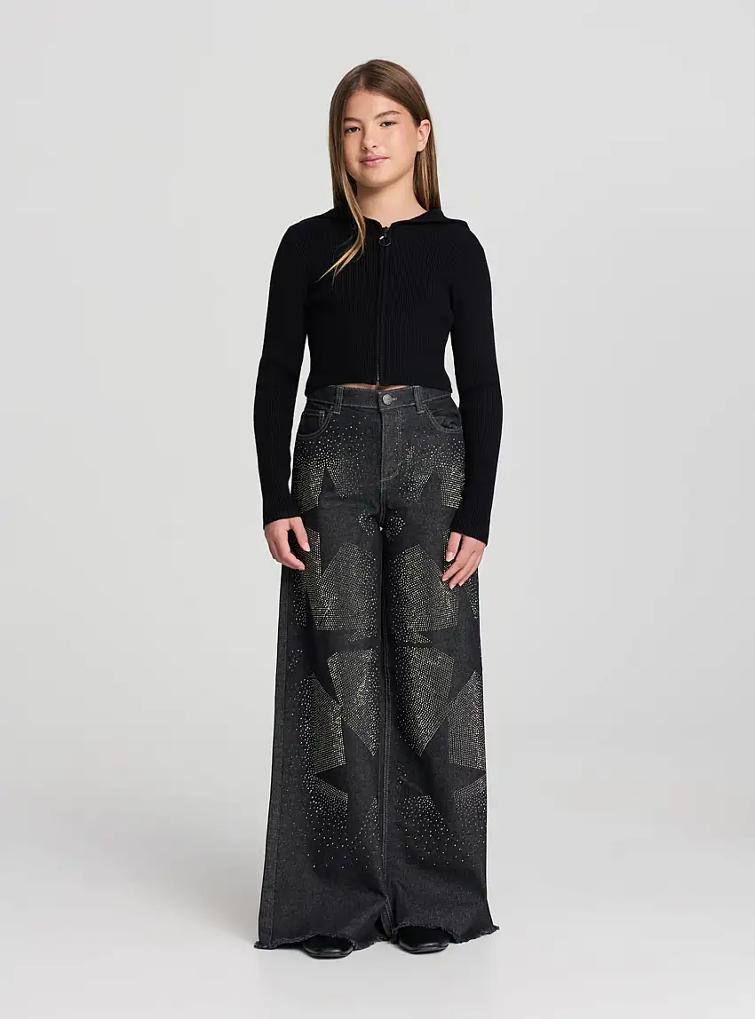 Jeans wide leg con strass a stelle Var grigio denim