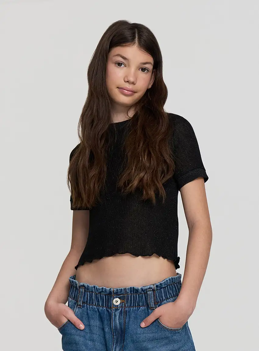 Maglia a maniche corte effetto luccicante Nero