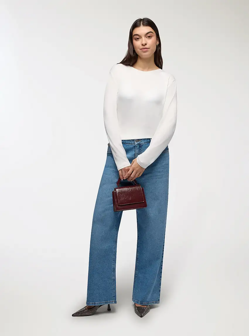 Jeans wide leg con strass Blu denim medio