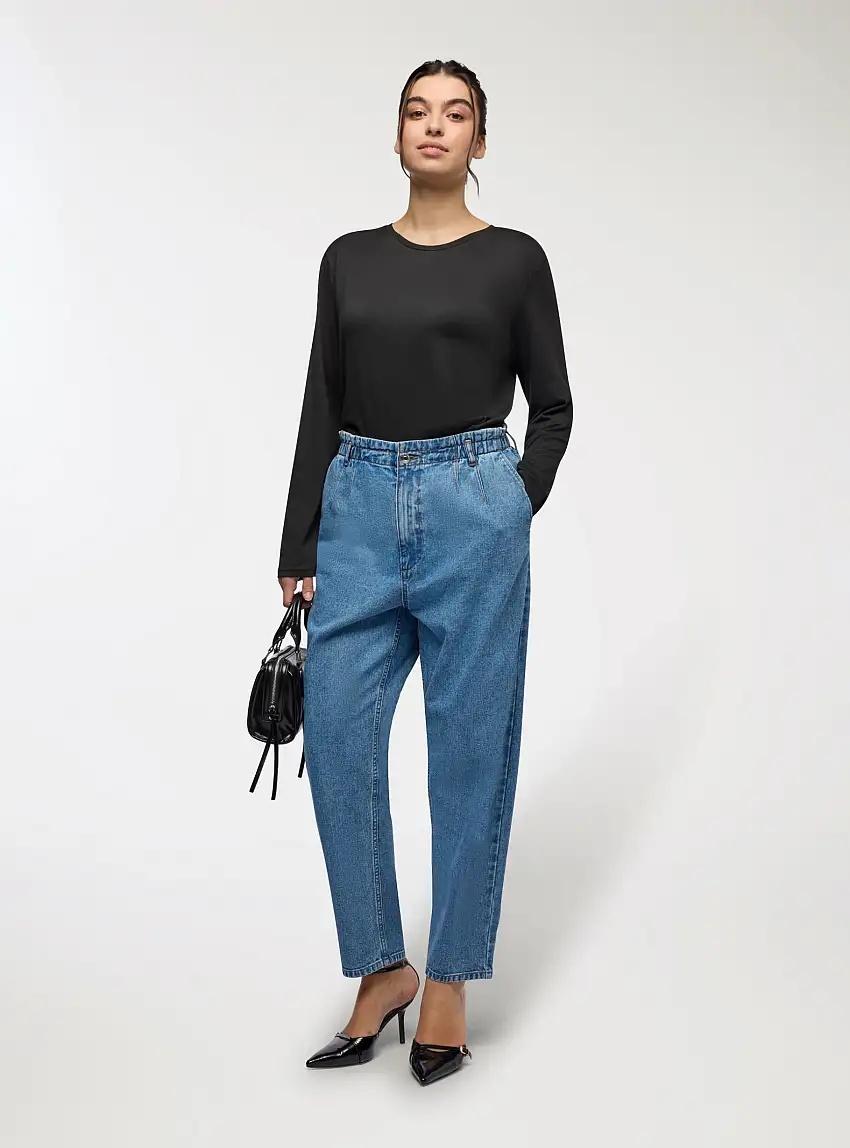 Jeans paperbag a tinta unita Blu denim medio