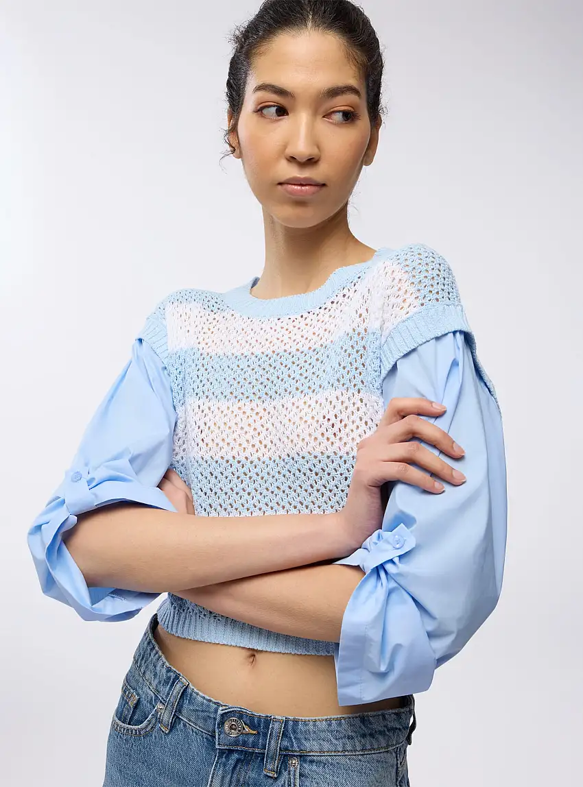 Maglia a righe doppia manica Var celeste