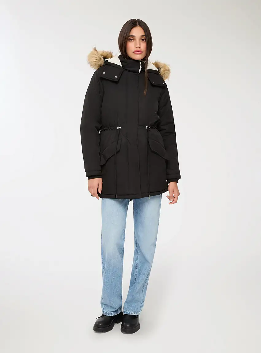 Parka con cappuccio e pelo Nero