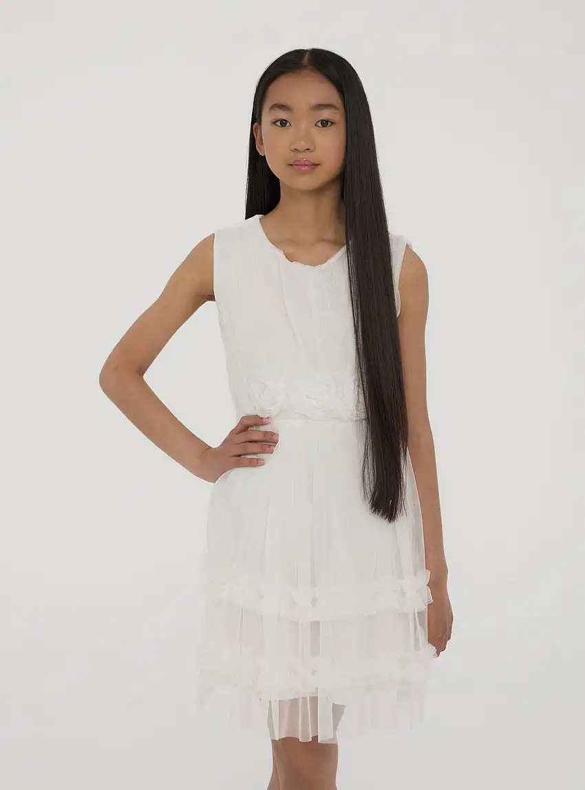 Vestito con balze e applicazioni floreali Bianco lana