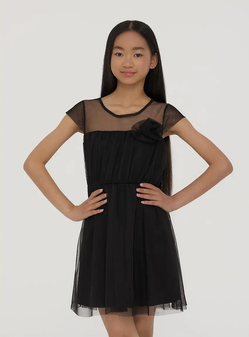 Vestito in tulle con fiore applicato Nero