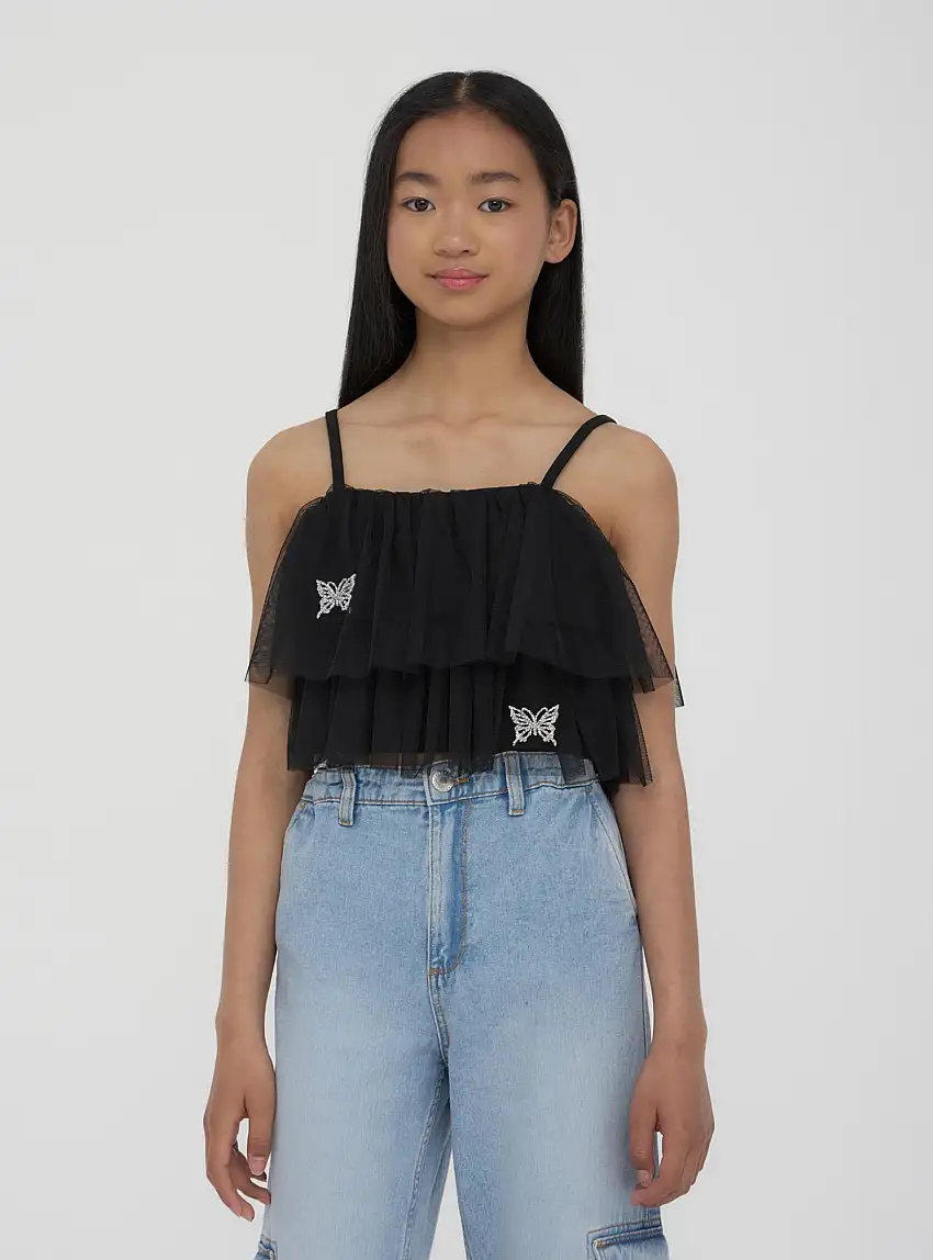 Top in tulle con volant e farfalle Nero