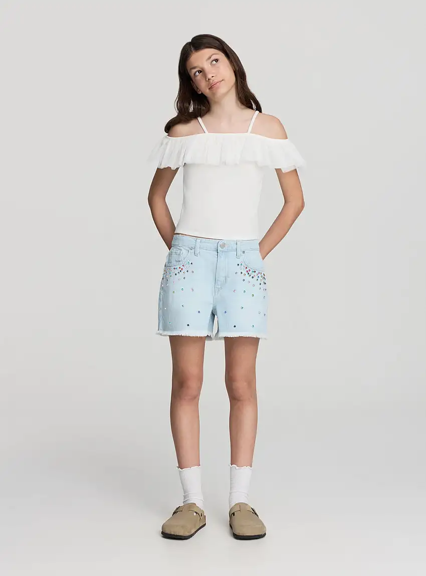 Top con balza in tulle Bianco lana