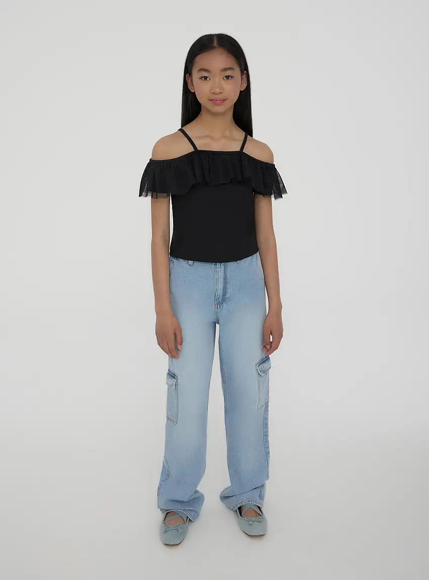 Top con balza in tulle Nero