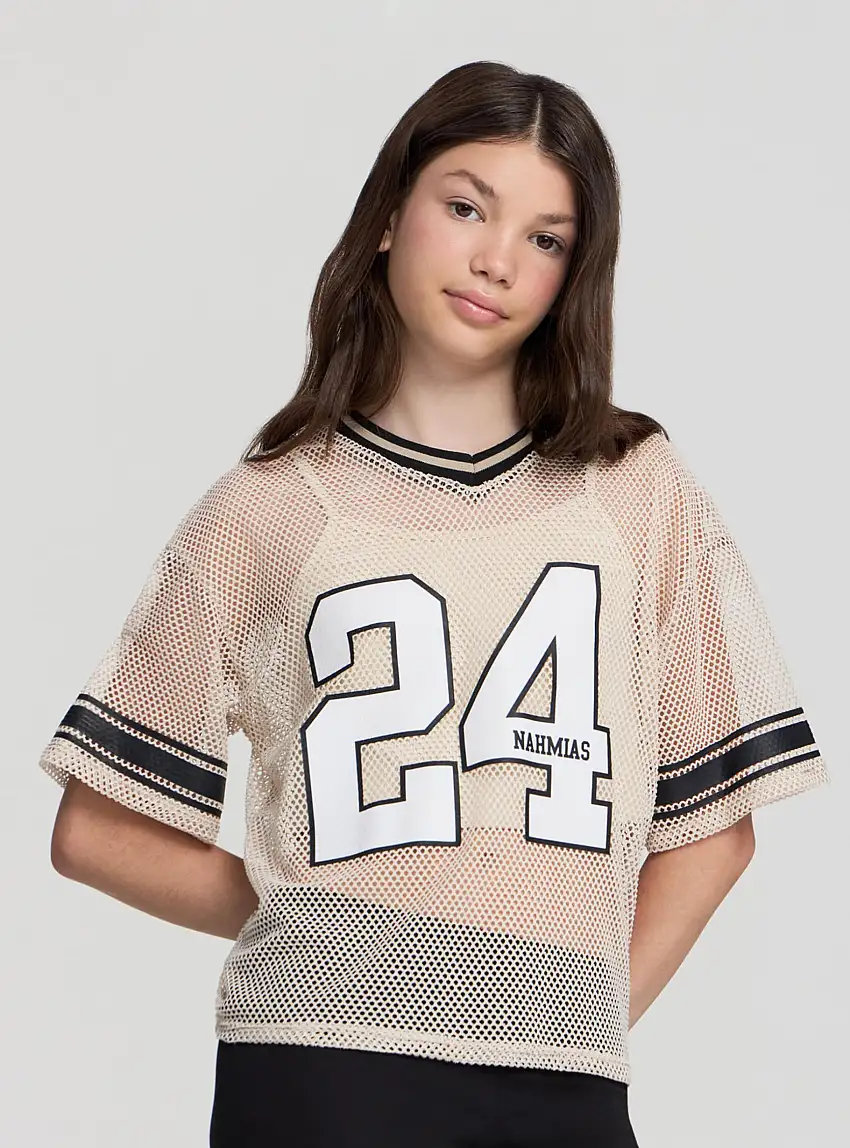 T-shirt in rete con stampa numero Avorio