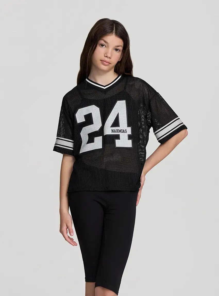 T-shirt in rete con stampa numero Nero