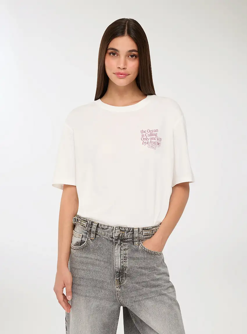T-shirt ampia con stampa fronte/retro Bianco lana