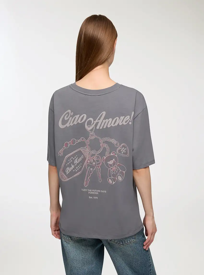 T-shirt ampia con stampa fronte/retro Grigio scuro