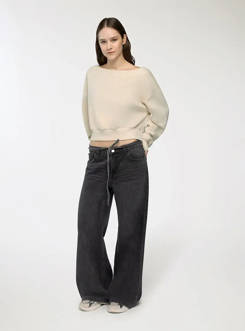 Jeans super wide leg con cintura Nero denim