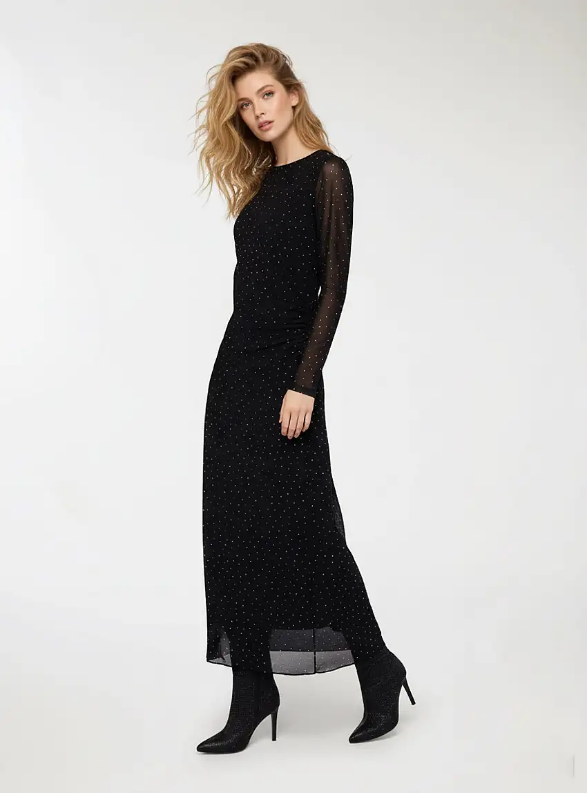 Vestito lungo in tulle con strass Nero