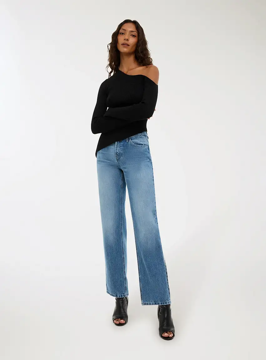 Jeans straight leg a vita bassa Blu denim medio