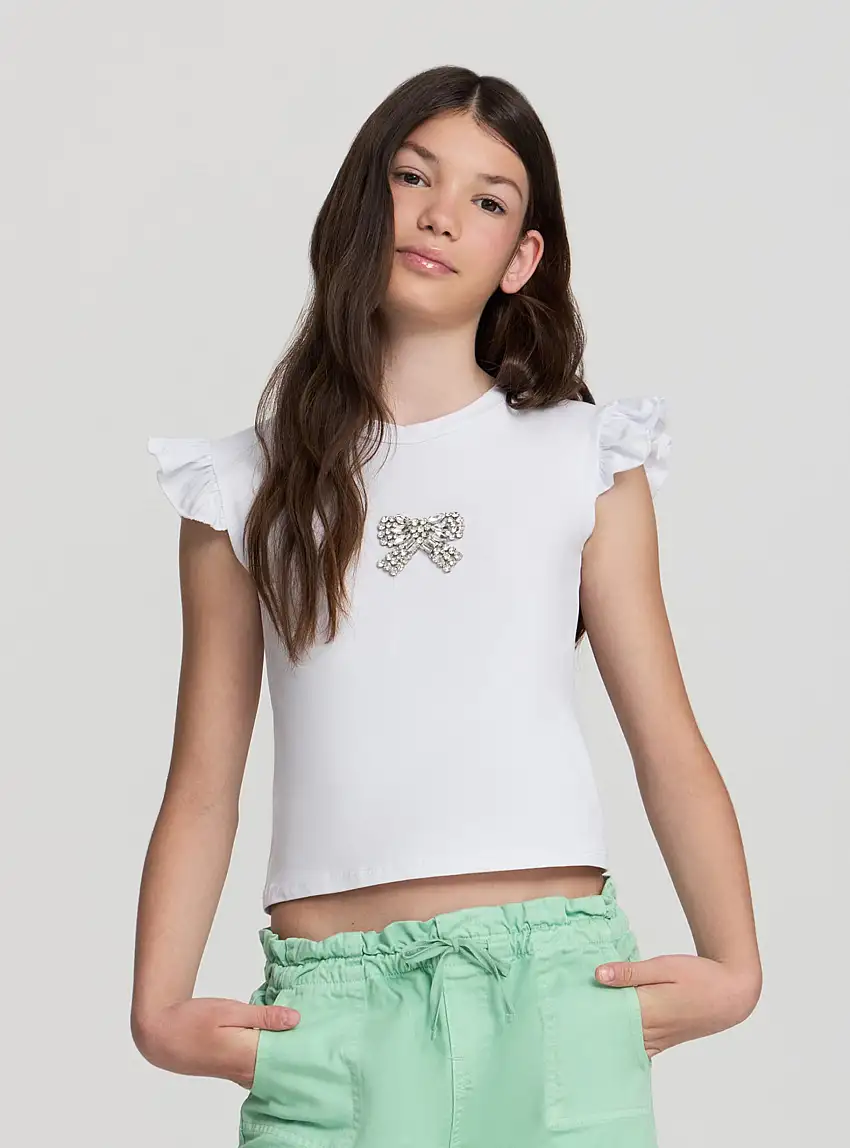 T-shirt con maniche a volant e applicazione fiocco gioiello Bianco