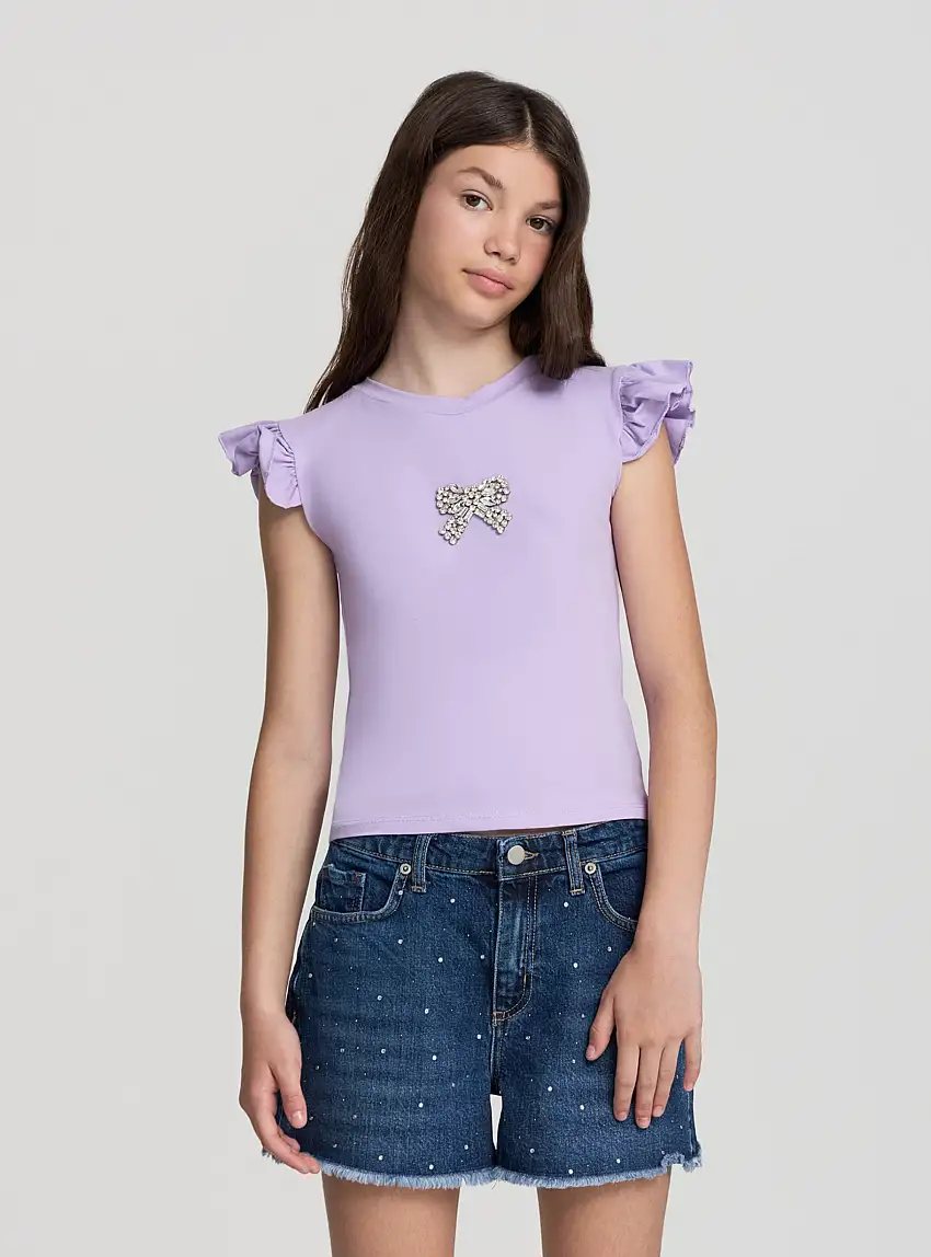 T-shirt con maniche a volant e applicazione fiocco gioiello Lilla