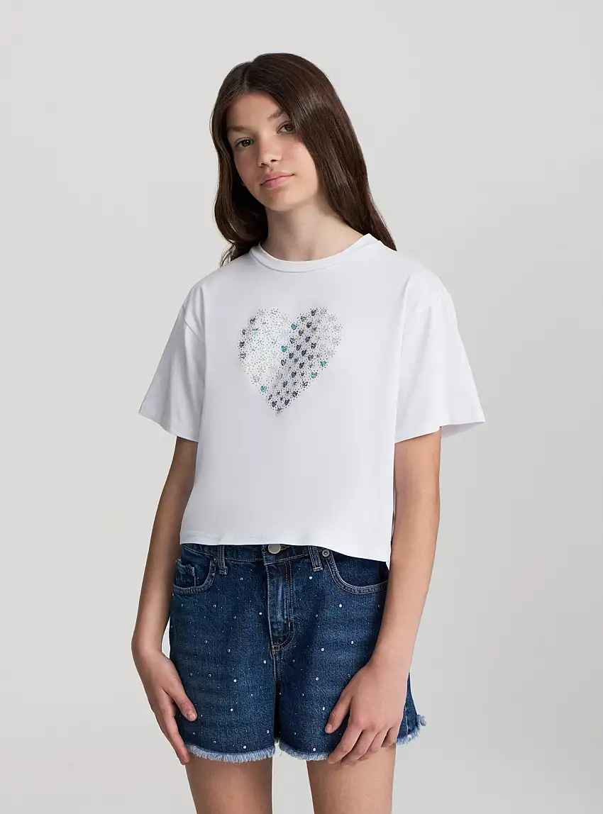 T-shirt con strass a cuore Bianco