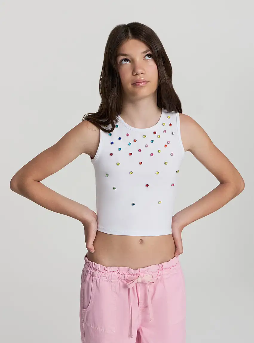 Top con applicazioni gioiello multicolor Bianco