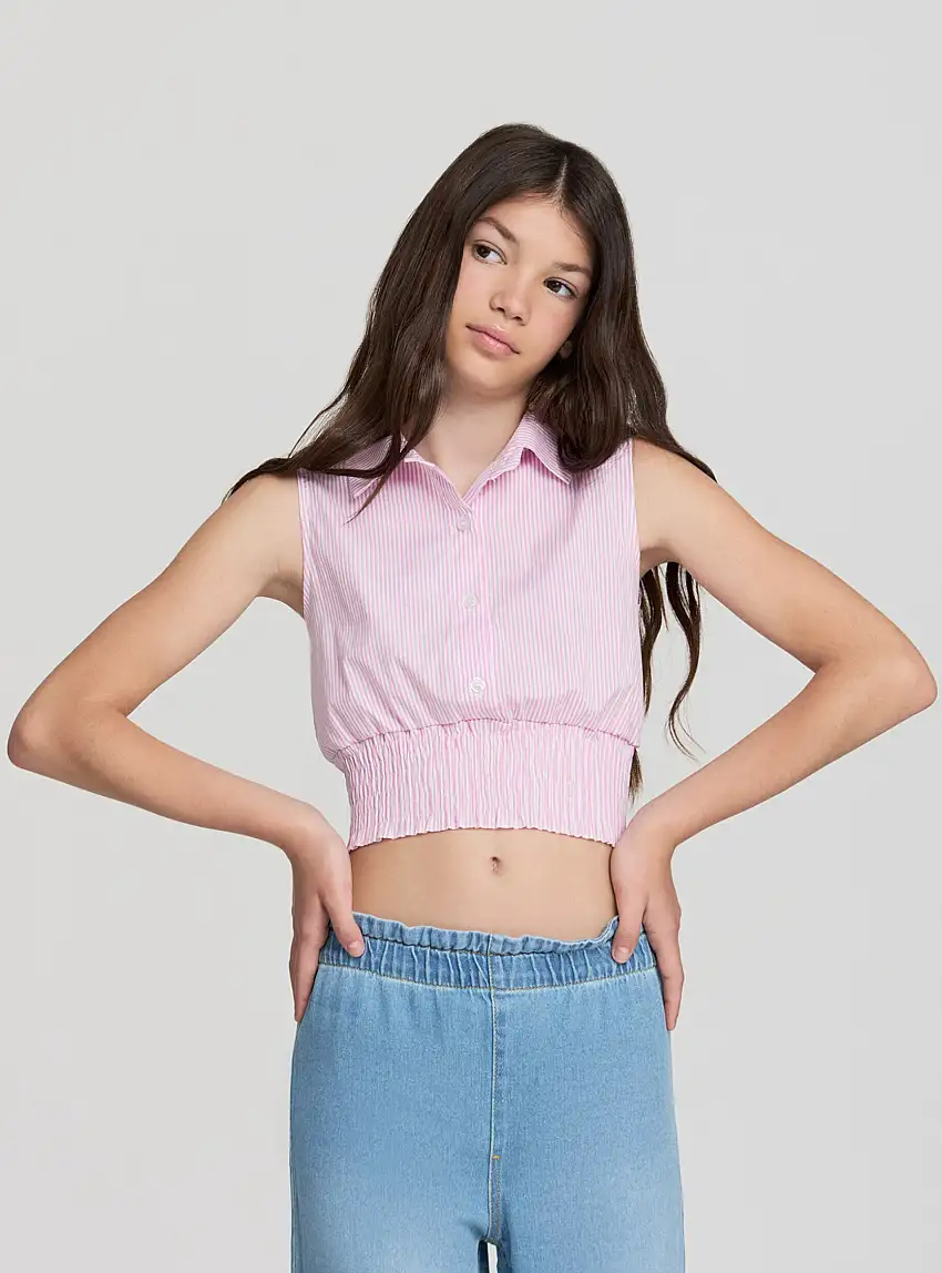 Camicia smanicata a righe con elastico in vita Rosa
