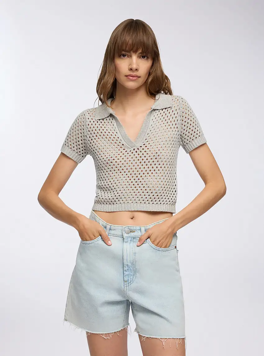 T-shirt a rete con colletto polo grigio melange