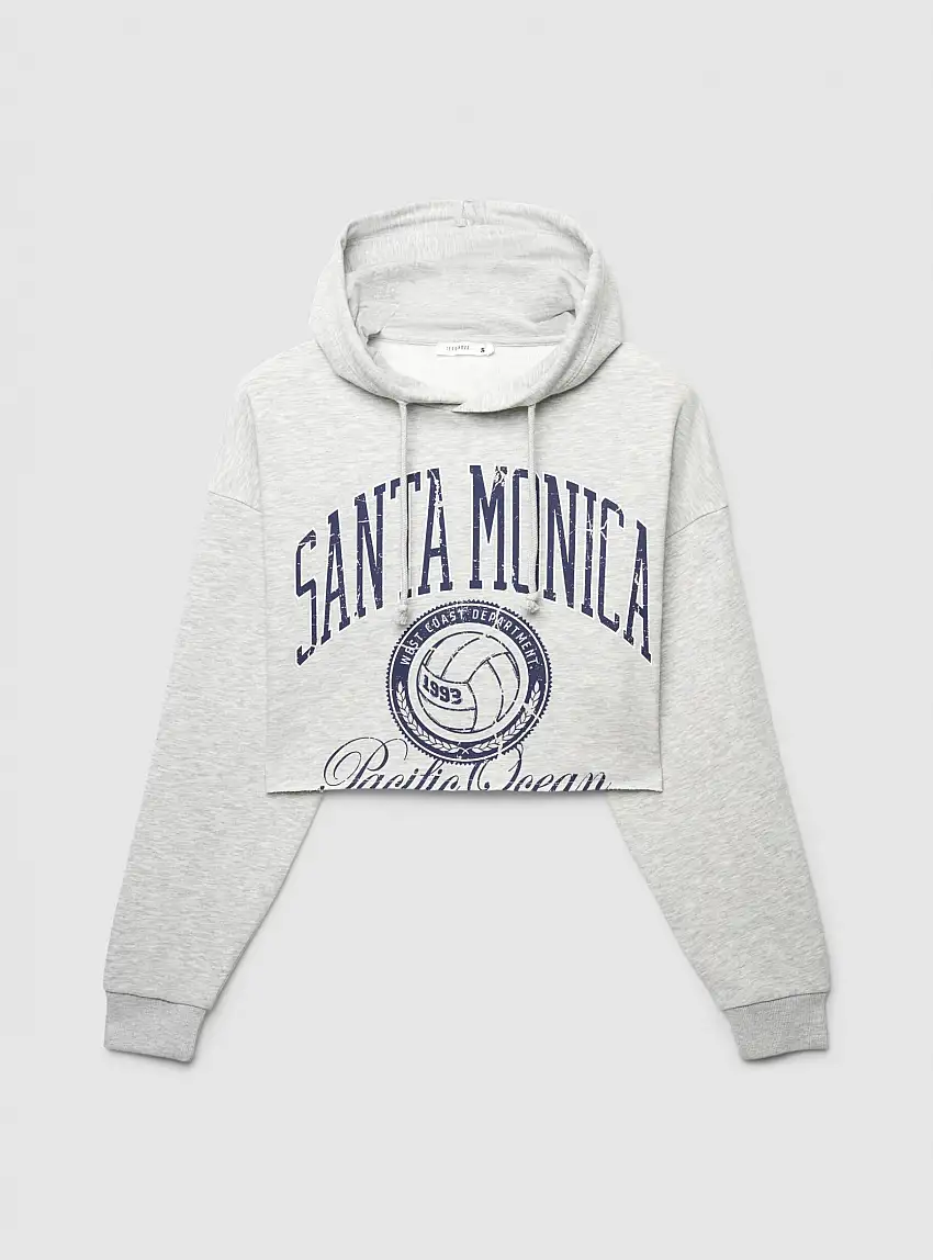 Felpa crop con cappuccio e stampa college Grigio chiaro melange
