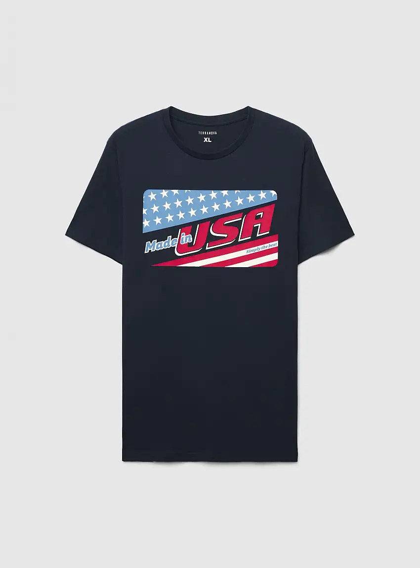 T-shirt con bandiera e scritta Blu navy