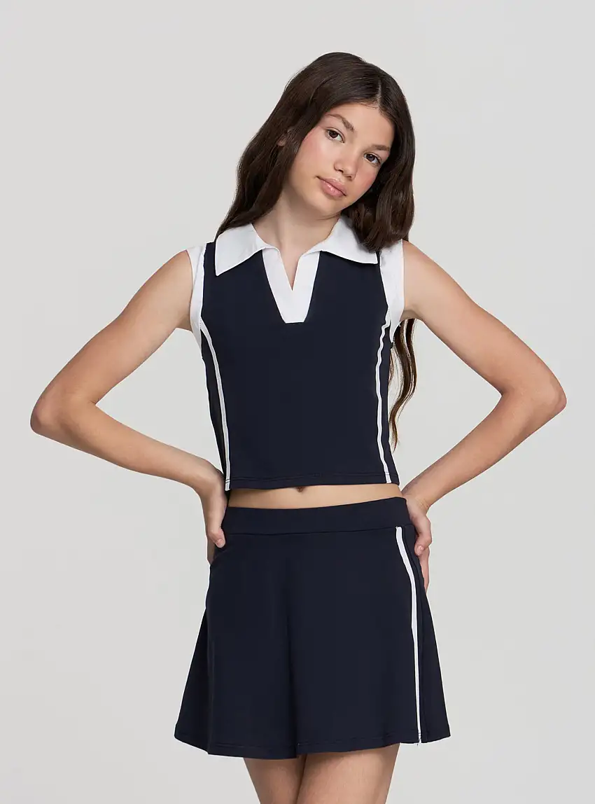 Set top con colletto e gonna con bande laterali Blu