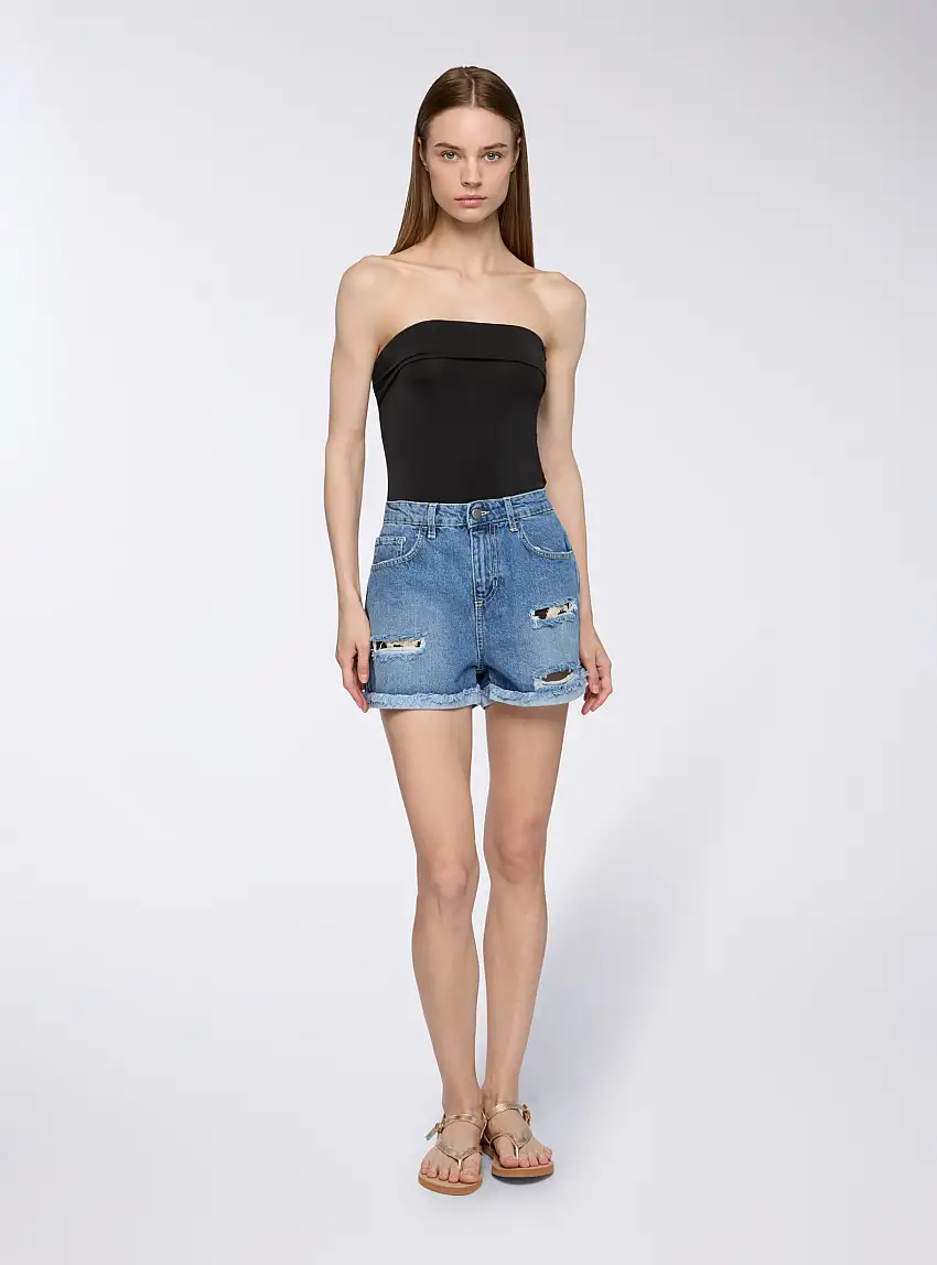 Shorts jeans con strappi maculati Blu denim medio