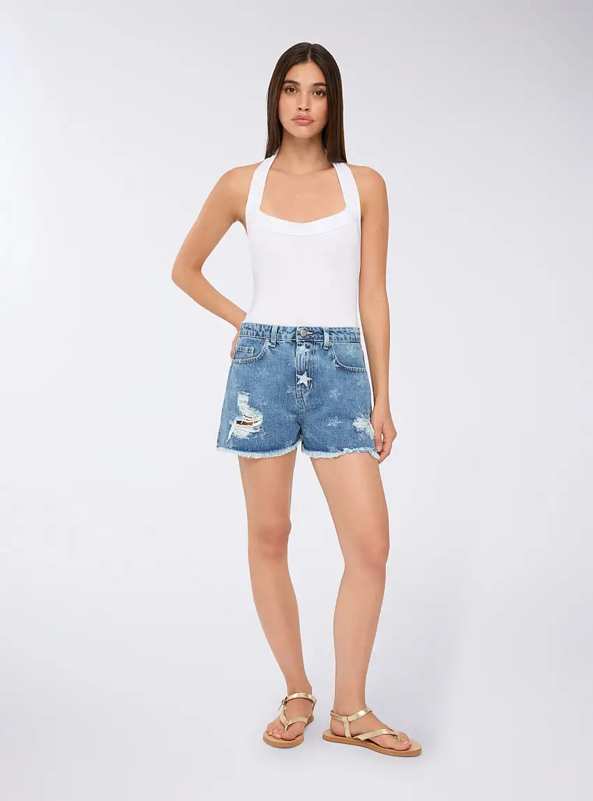 Shorts jeans con stelle e strappi Blu denim medio