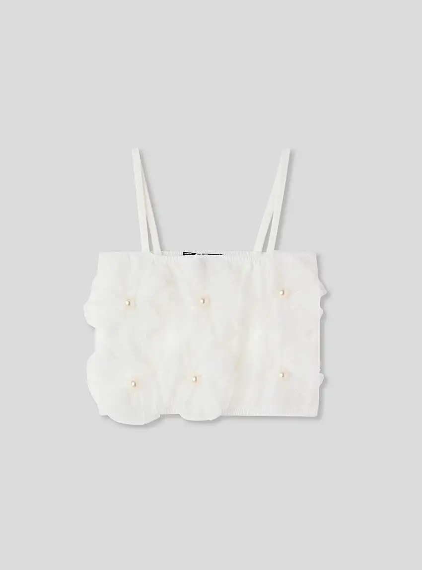 Top con decorazioni floreali in tulle Bianco
