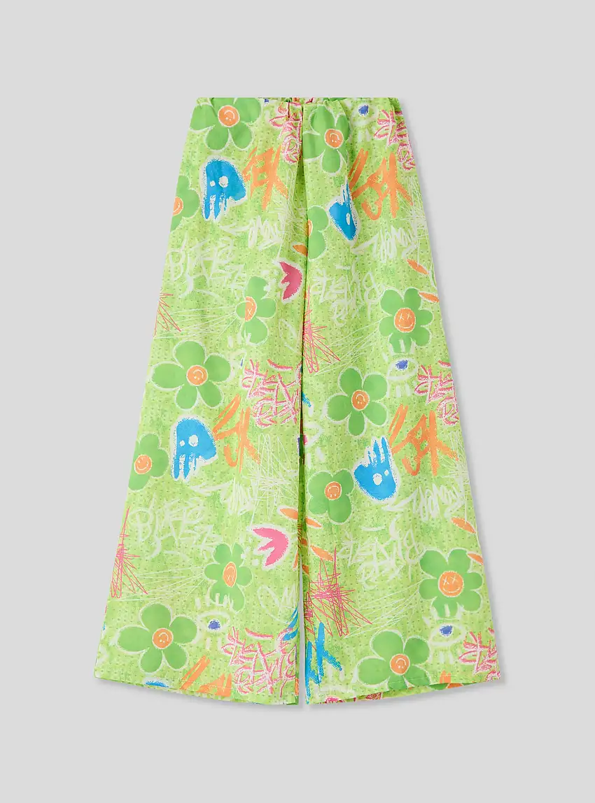 Pantaloni wide leg con fantasia graffiti Var verde acido