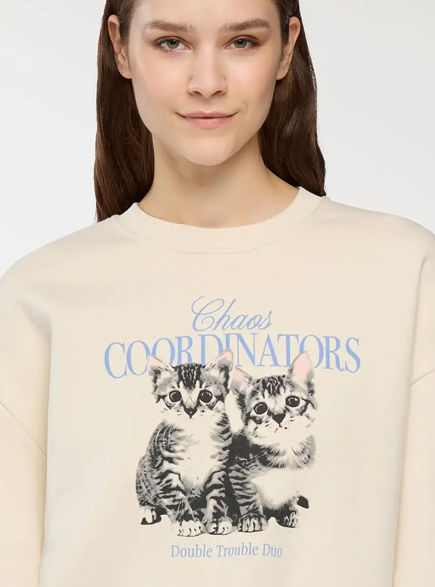 Felpa girocollo stampa gatti Avorio