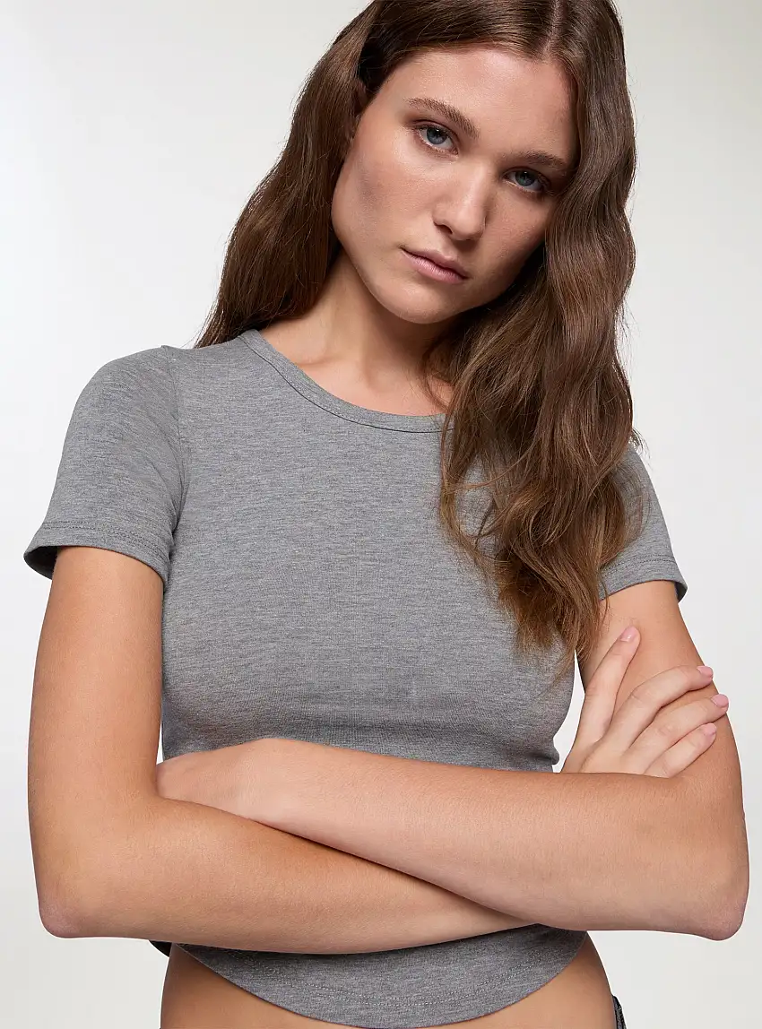 T-shirt crop a tinta unita Grigio medio melange