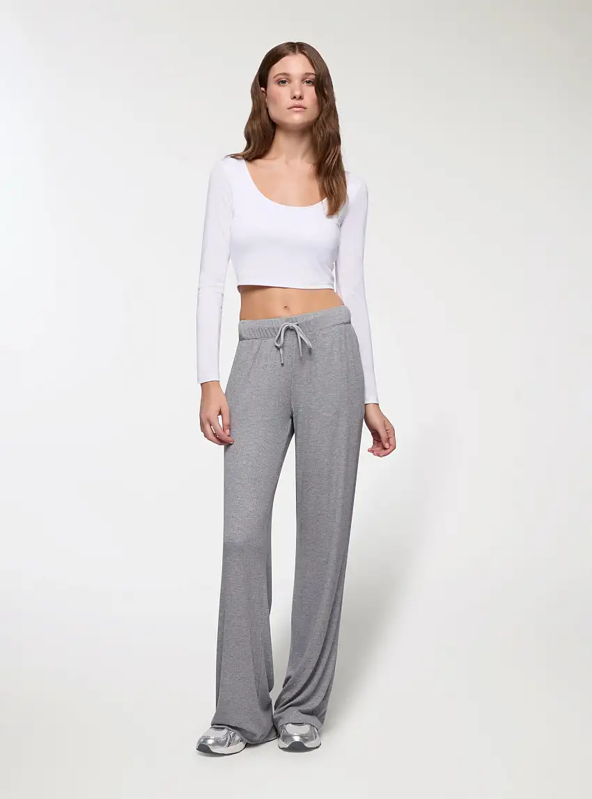 Pantaloni tuta wide leg in costina Grigio medio melange