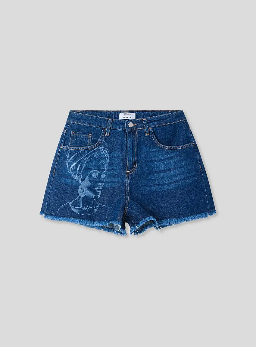 Shorts in jeans con stampa grafica Blu denim medio