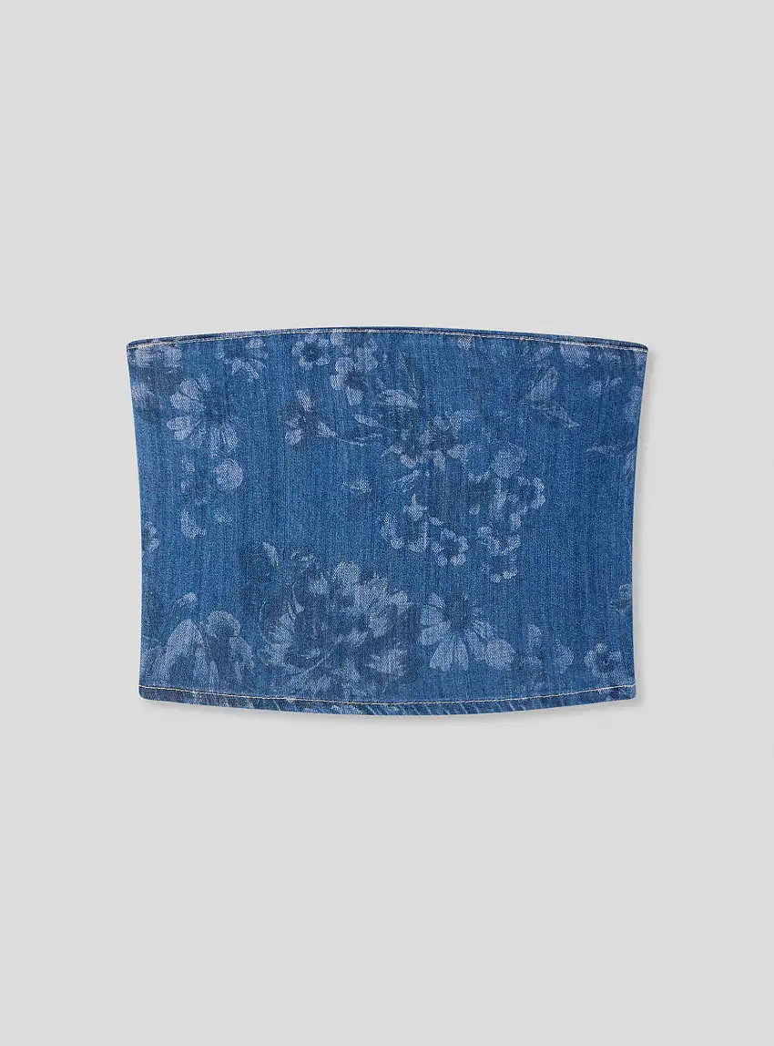 Top a fascia con stampa fiori Blu denim medio