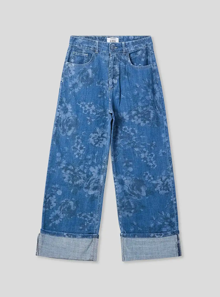 Jeans straight stampa floreale con risvolto Blu denim medio