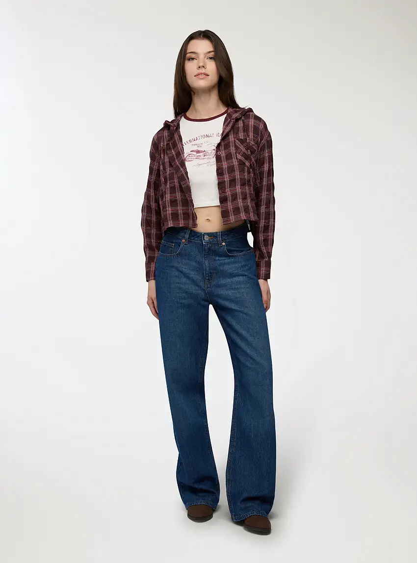 Camicia crop a quadri con cappuccio Var avorio